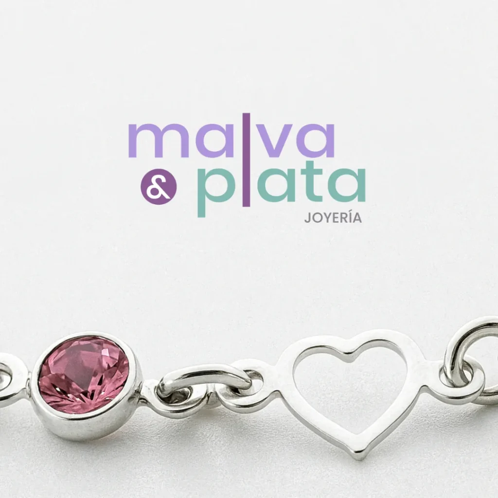 Pulsera plateada con corazón y circonia rosa de Malva & Plata, joyería hipoalergénica y elegante.